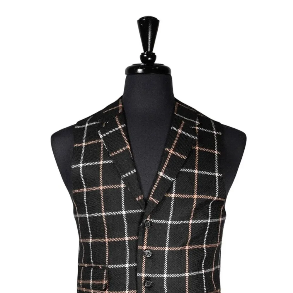 Mens Waistcoat Suit Lapel Vest 40R Black Beige Plaid Check Wool Formal Wedding
